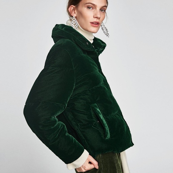Coats | Zara Green Velvet Puffer Coat 